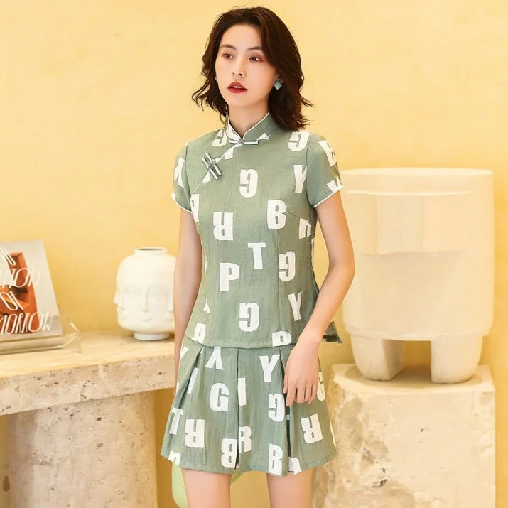 Cotton Cheongsam Top & Skirt Modern Chinese Style Women's Suit