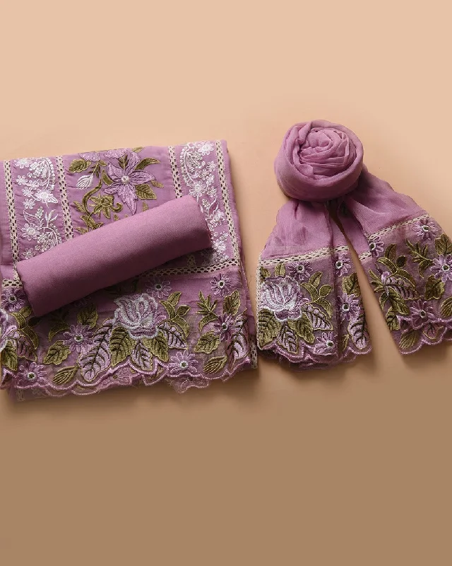 Mauve Organza Blend Thread Embroidered Unstitched Suit Fabric Set With Chiffon Embroidered Dupatta